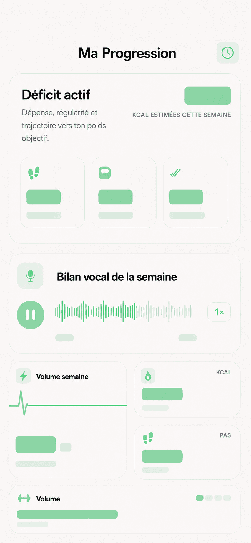 Écran de progression PRFORM : bilan vocal et statistiques